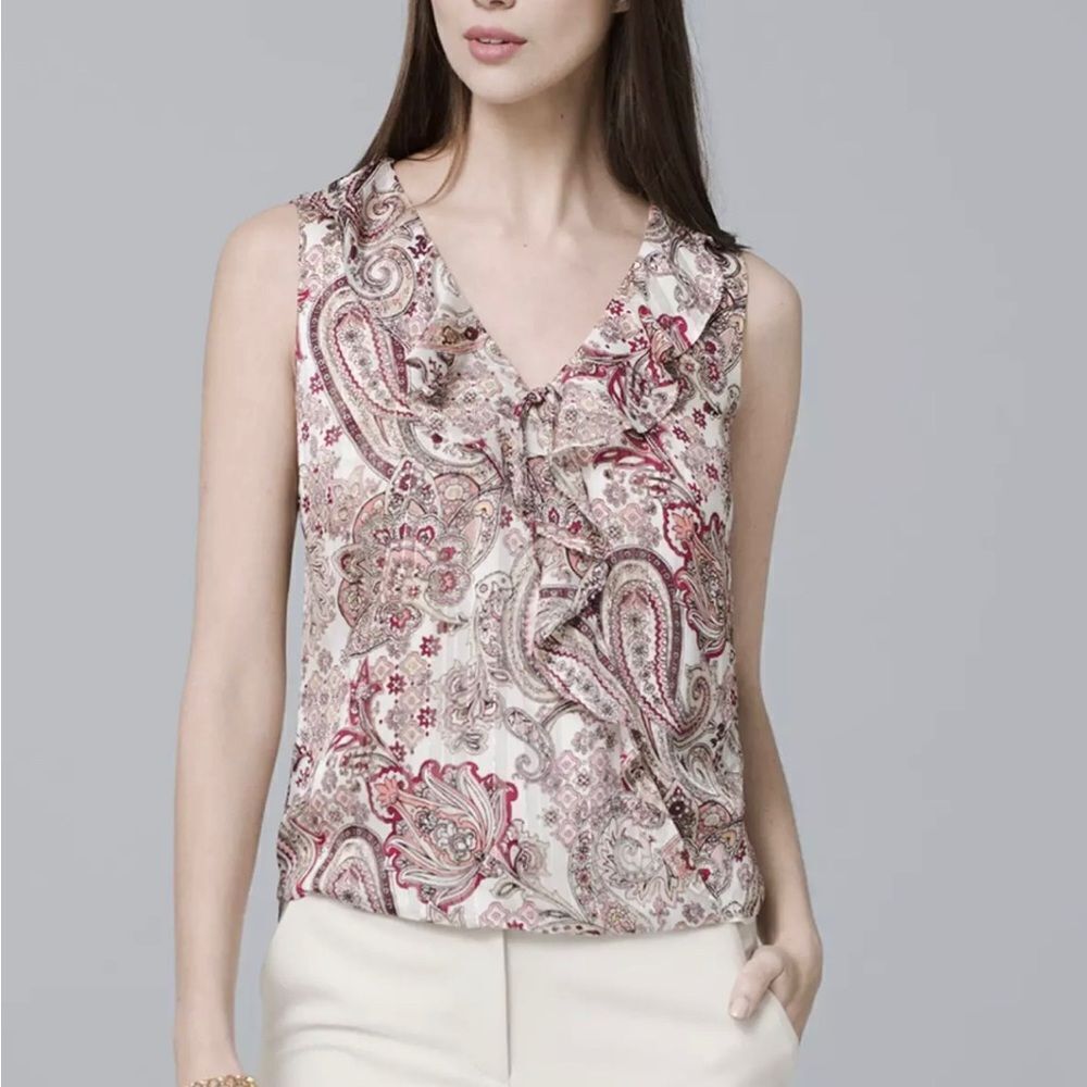 White House Black Market Paisley Print Ruffle Shell Tank Top Blouse Size M